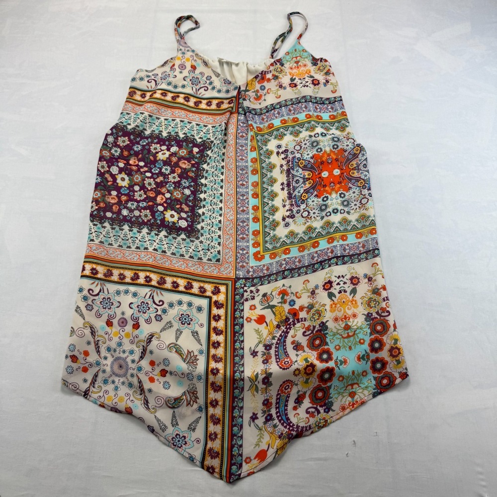 Glam Tunic Camisole Top Womens Medium Multicolor Boho Patchwork Spaghetti Strap